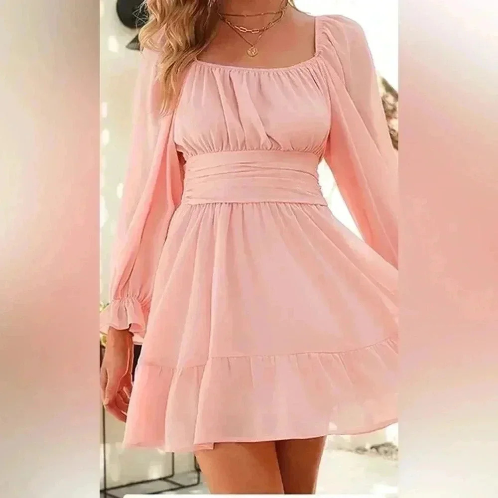 Exlura Tie Back/less Wedding Guest Mini, Lantern Sleeve Square Neck Ruffle,Flowy